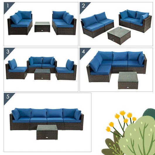 5 Pieces Cushioned Patio Rattan Furniture Set With Glass Table-Navy - Kaedas