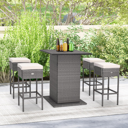 5 Pieces Outdoor Wicker Bar Table Set With Hidden Storage Shelves-White - Kaedas