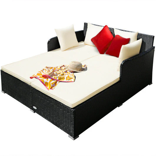 Spacious Outdoor Rattan Daybed With Upholstered Cushions and Pillows-White - Kaedas