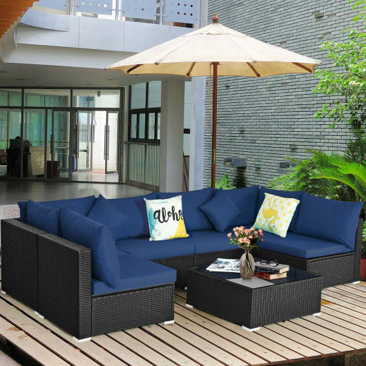 7-Piece Outdoor Sectional Wicker Patio Sofa Set With Tempered Glass Top-Navy - Kaedas