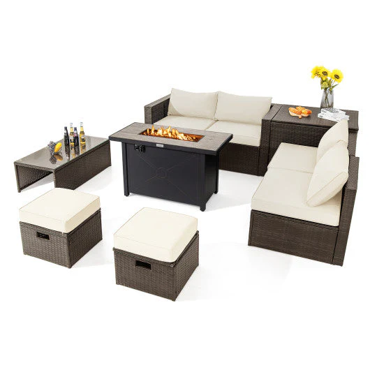 9 Pieces Outdoor Patio Furniture Set With 42 Inch Propane Fire Pit Table-White - Kaedas
