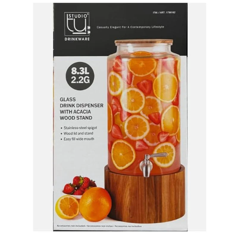 Studio Tu Glass Drink Dispenser with Acacia Wood Stand - Kaedas