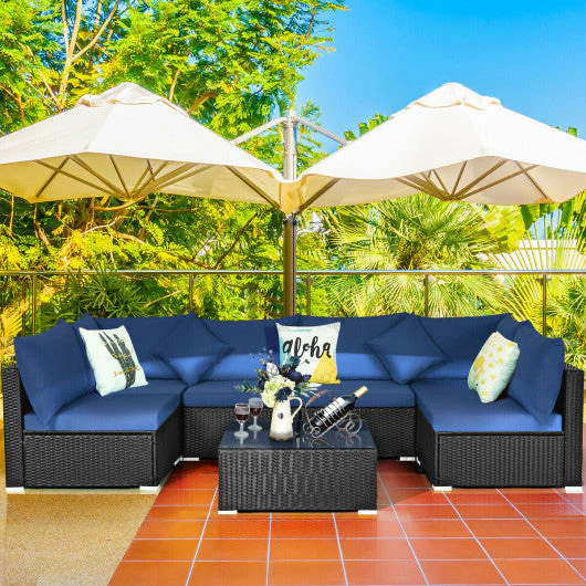 7-Piece Outdoor Sectional Wicker Patio Sofa Set With Tempered Glass Top-Navy - Kaedas