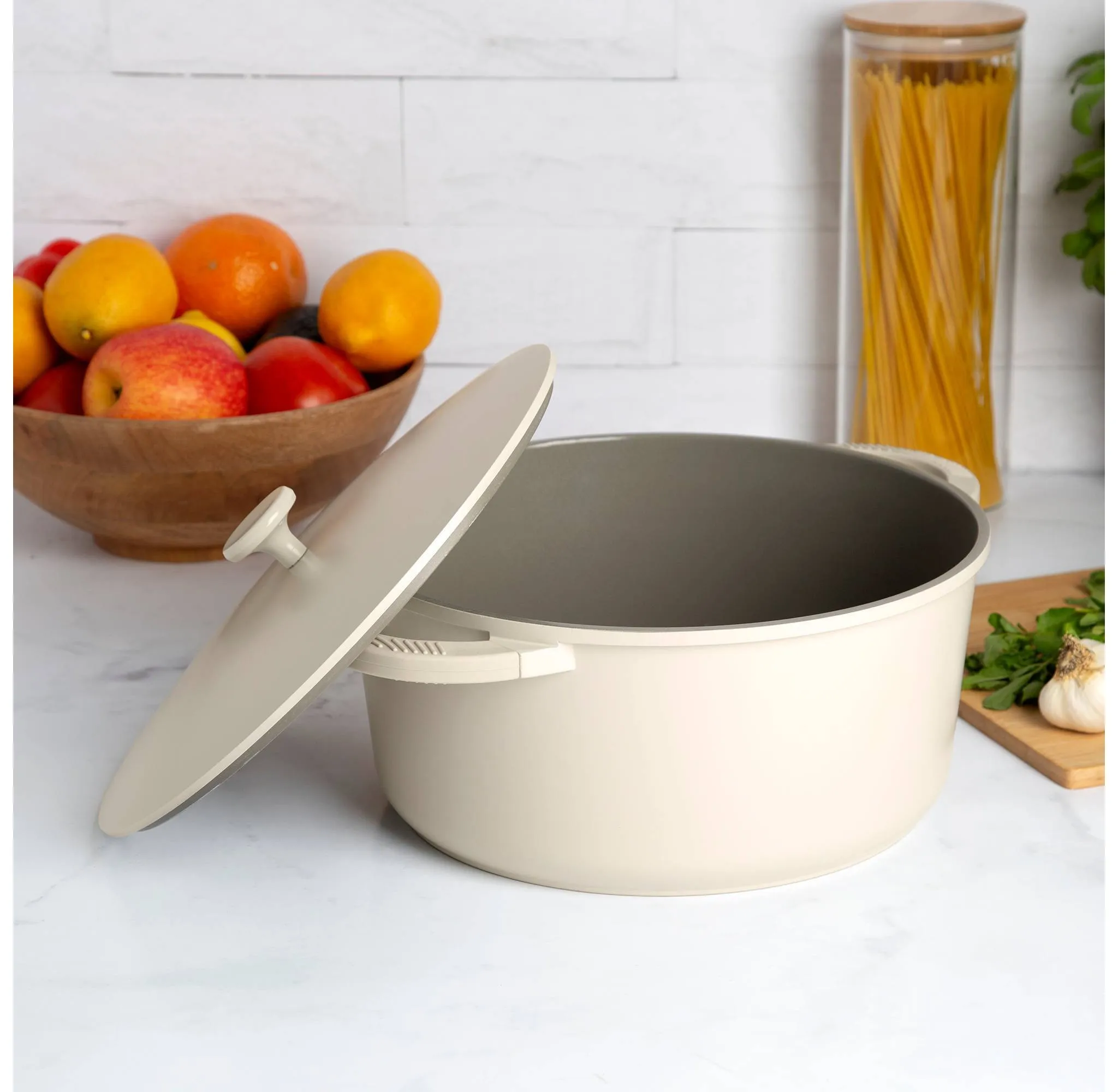 7qt Cast Aluminum, Ceramic Stock Pot with Lid, Side Handles and Silicone Grip Cream: Dishwasher-Safe Cooking Pot - Kaedas