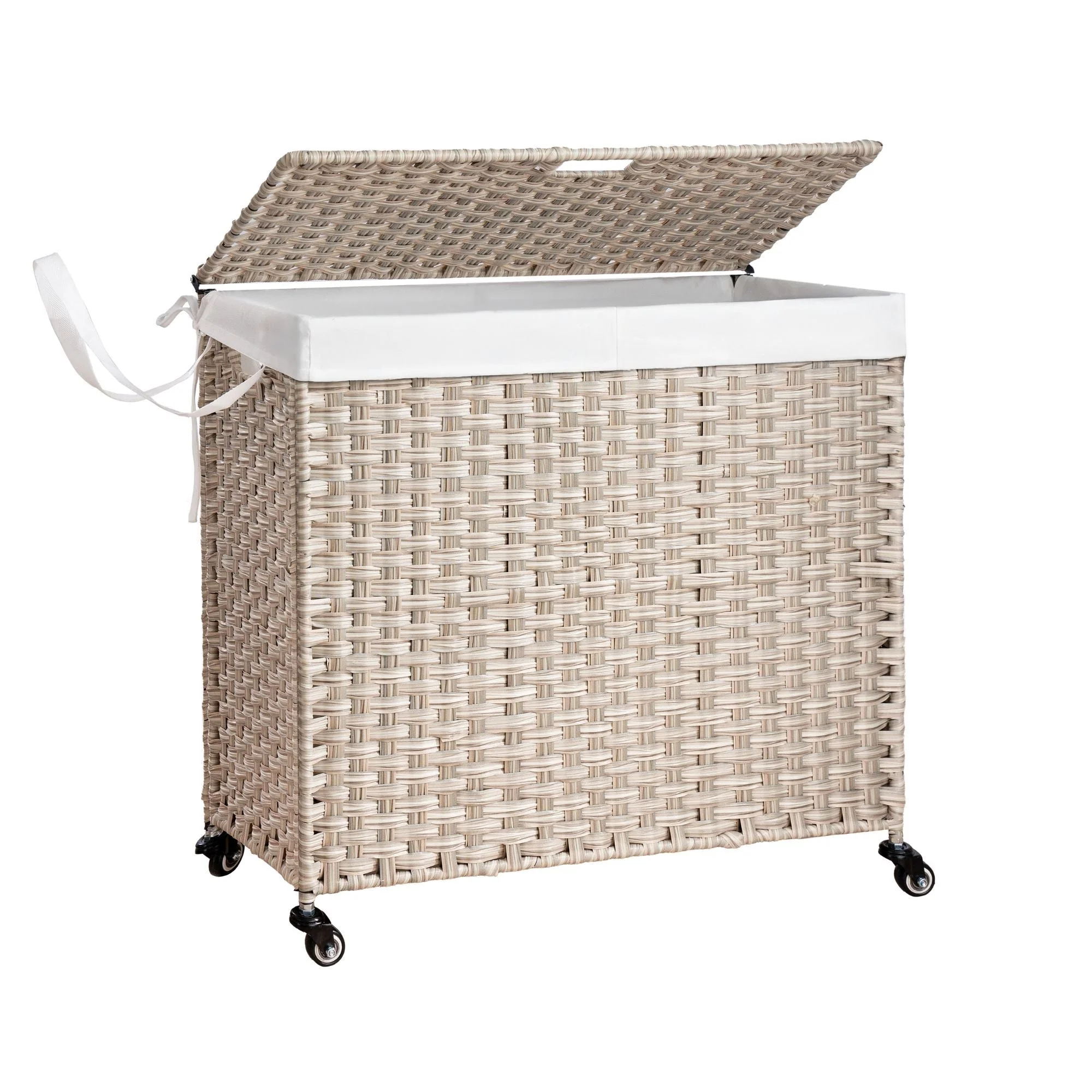 Laundry Hamper With Lid PE Rattan Powder Coating Frame Clothes Hampers With 2 Removable Bags - Kaedas