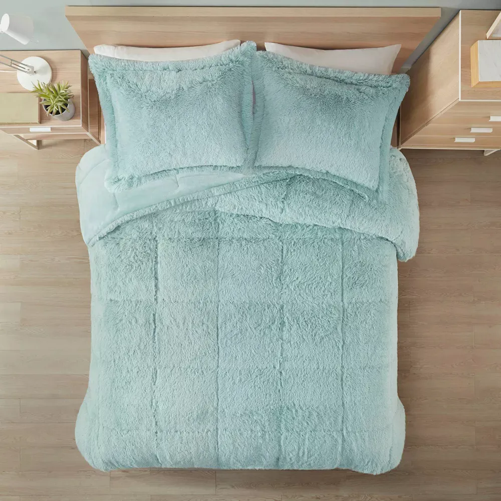 2pcTwin/Twin Extra Long Faux Leena Shaggy Long Fur Comforter Mini Set Aqua Blue: All Ages, Midweight, Quilted - Kaedas