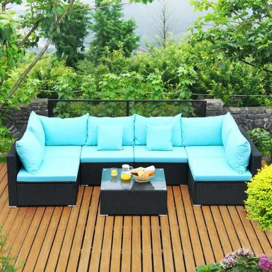 7-Piece Outdoor Sectional Wicker Patio Sofa Set With Tempered Glass Top-Blue - Kaedas