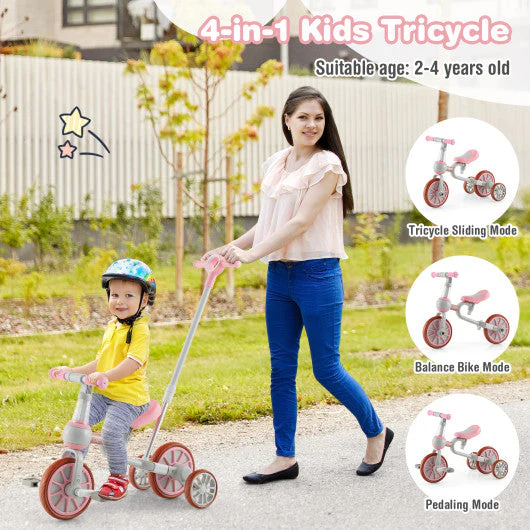 4-in-1 Kids Trike Bike With Adjustable Parent Push Handle and Seat Height-Pink - Kaedas