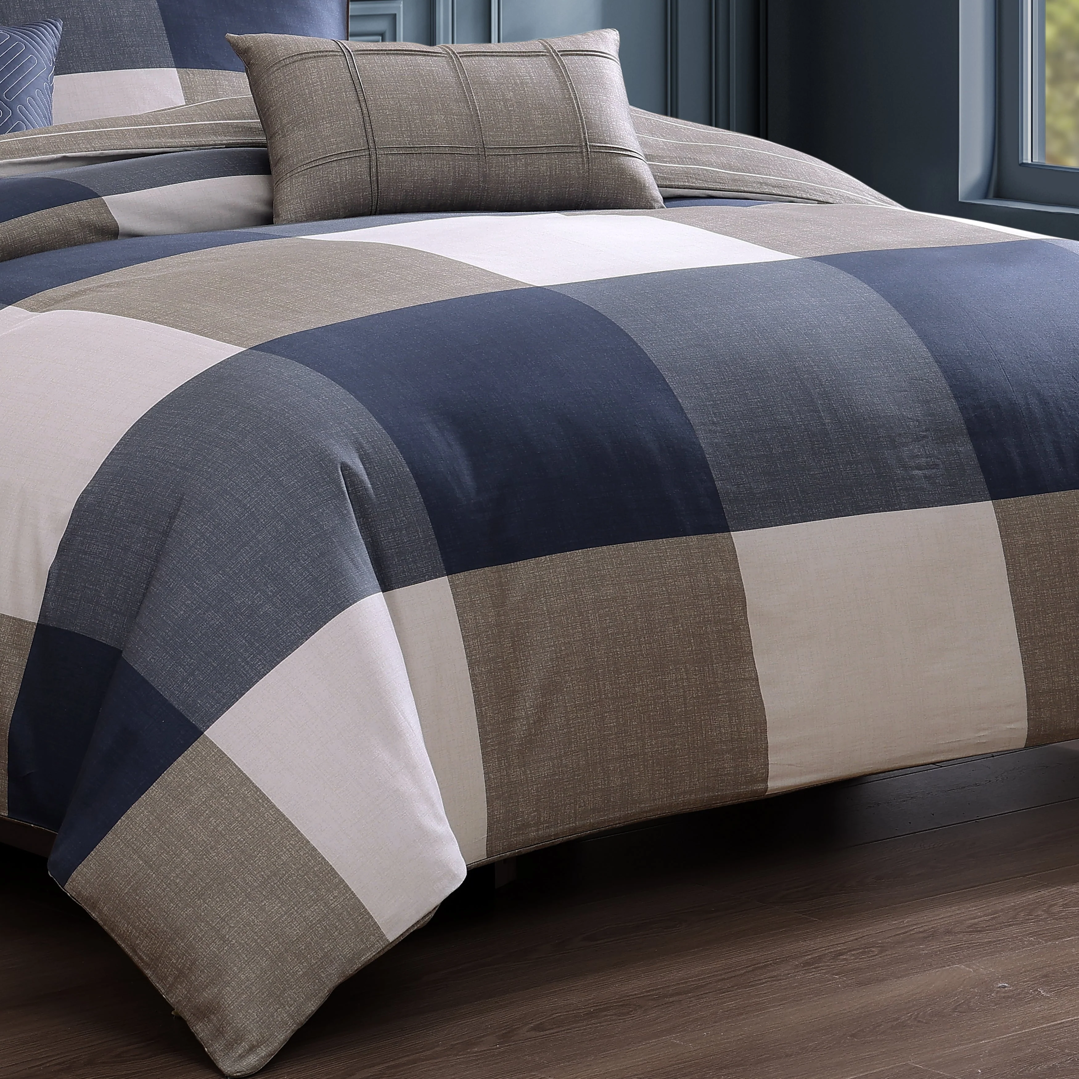 Bebejan Checkered Navy Tan 5 Piece Reversible Comforter Set - Kaedas