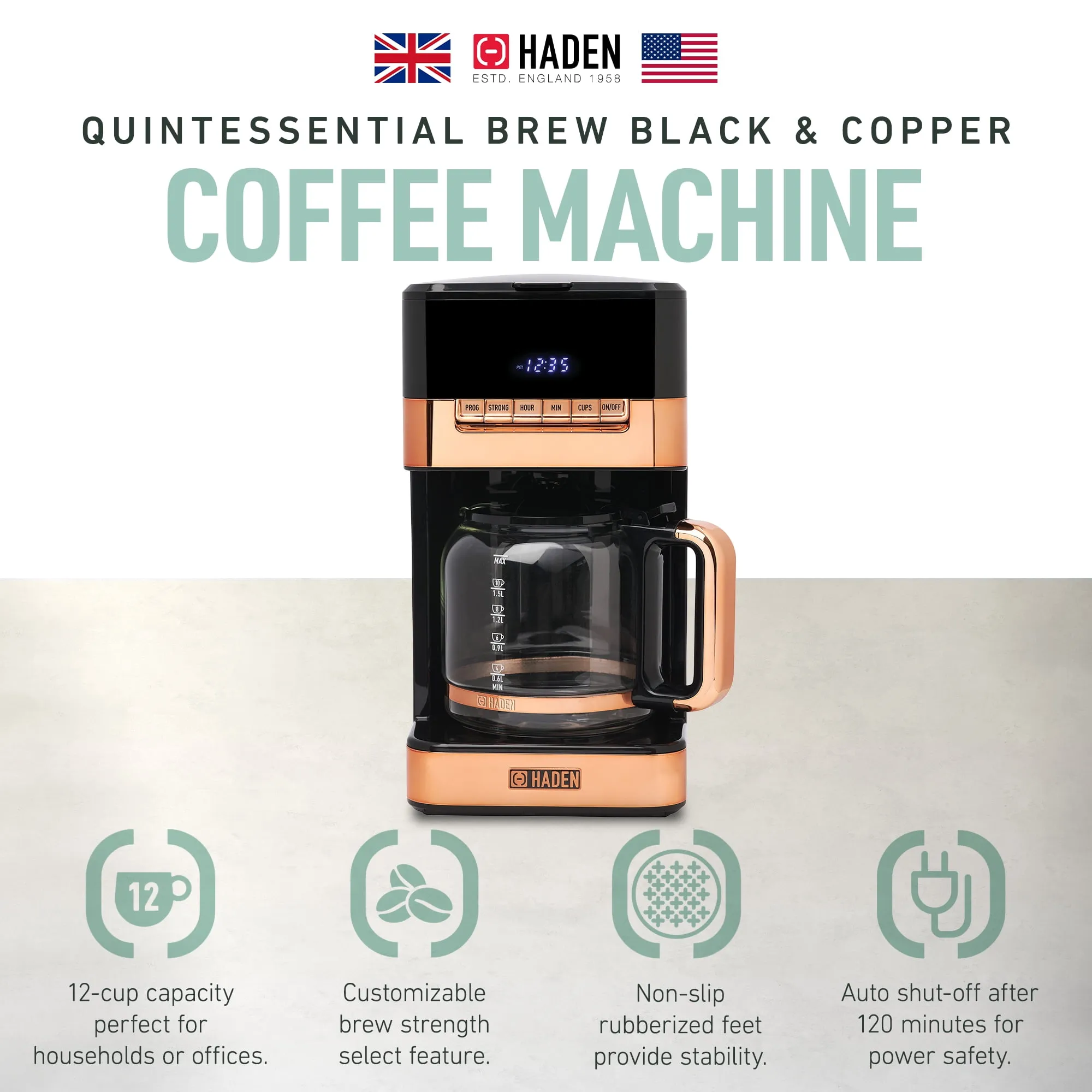 12-Cup Programmable Digital Coffee Maker- Black and Copper (See Description) - Kaedas
