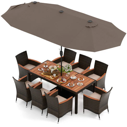11 Pieces Patio Dining Set With 15 Feet Double-Sided Patio Umbrella and Base-Coffee - Kaedas