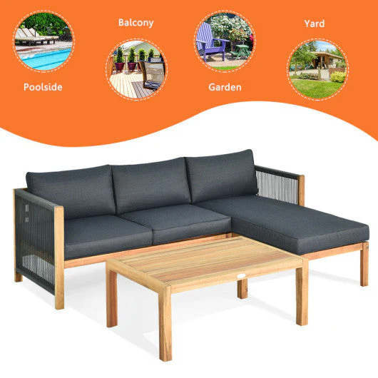 3 Piece Patio Acacia Sofa Set With Nylon Armrest - Kaedas