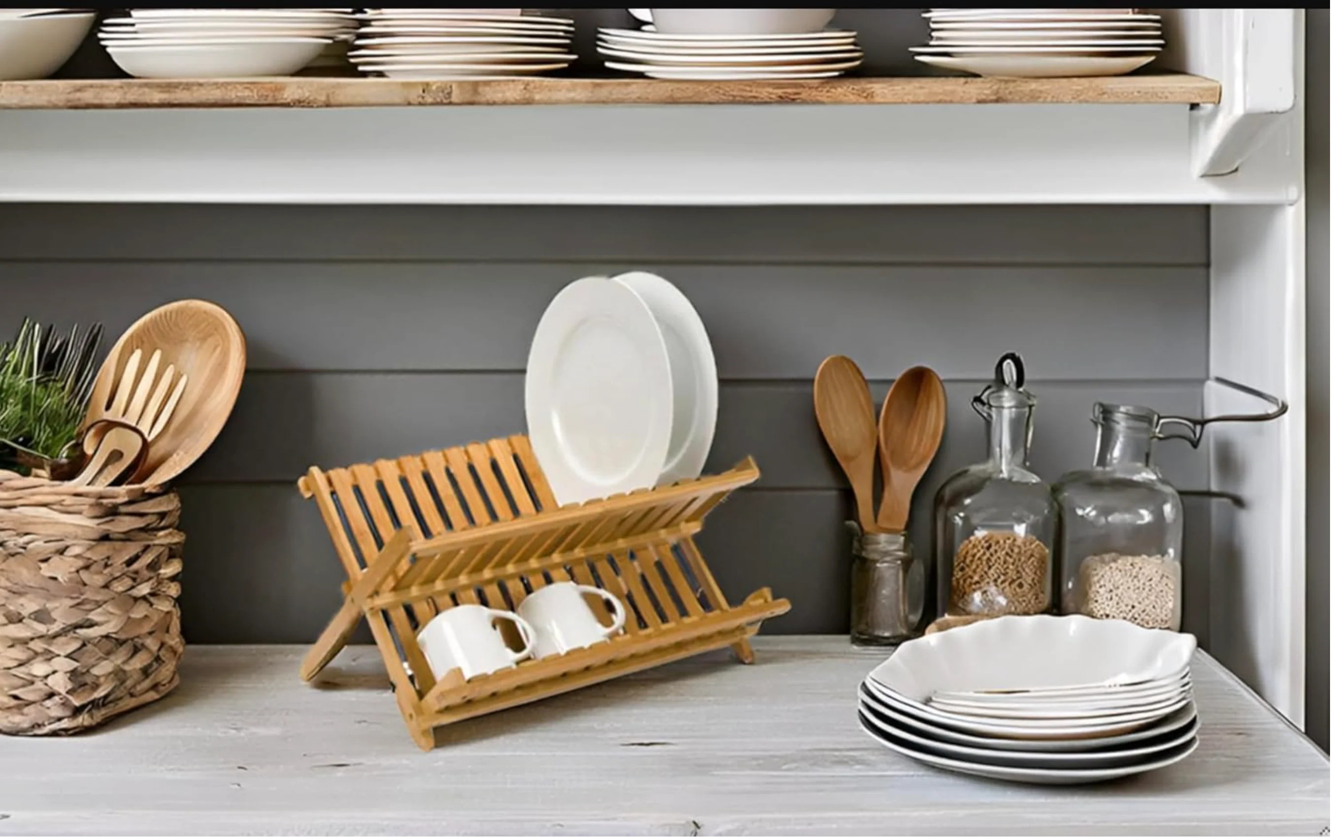 Bamboo Dish Drying Rack - 2-Tier Foldable Dish Rack for Kitchen Counter - Kaedas