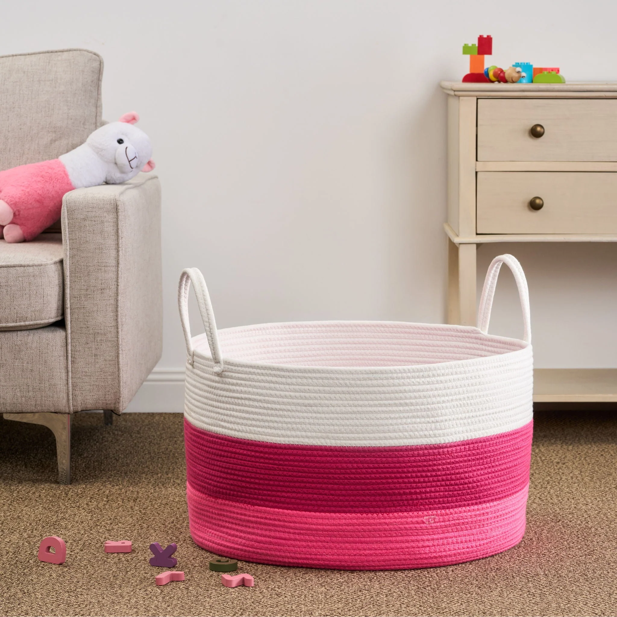 Cotton Round Laundry and Storage Basket With Handles - Pink / White - Kaedas