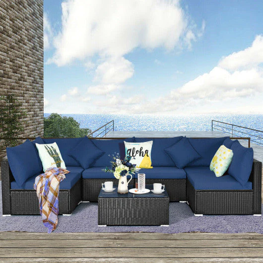 7-Piece Outdoor Sectional Wicker Patio Sofa Set With Tempered Glass Top-Navy - Kaedas