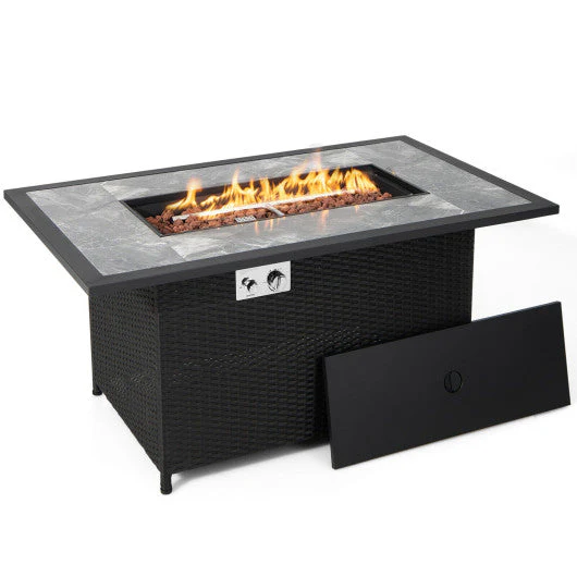 52 Inch Rattan Wicker Propane Fire Pit Table With Rain Cover and Lava Rock-Black - Kaedas