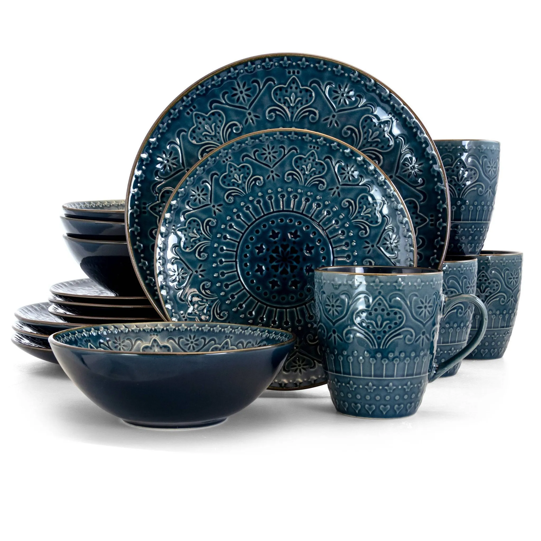 16pc Stoneware Mural Dinnerware Set Blue - : Abstract Medallion Plates & Bowls, Service for 4, Microwave & Dishwasher Safe - Kaedas