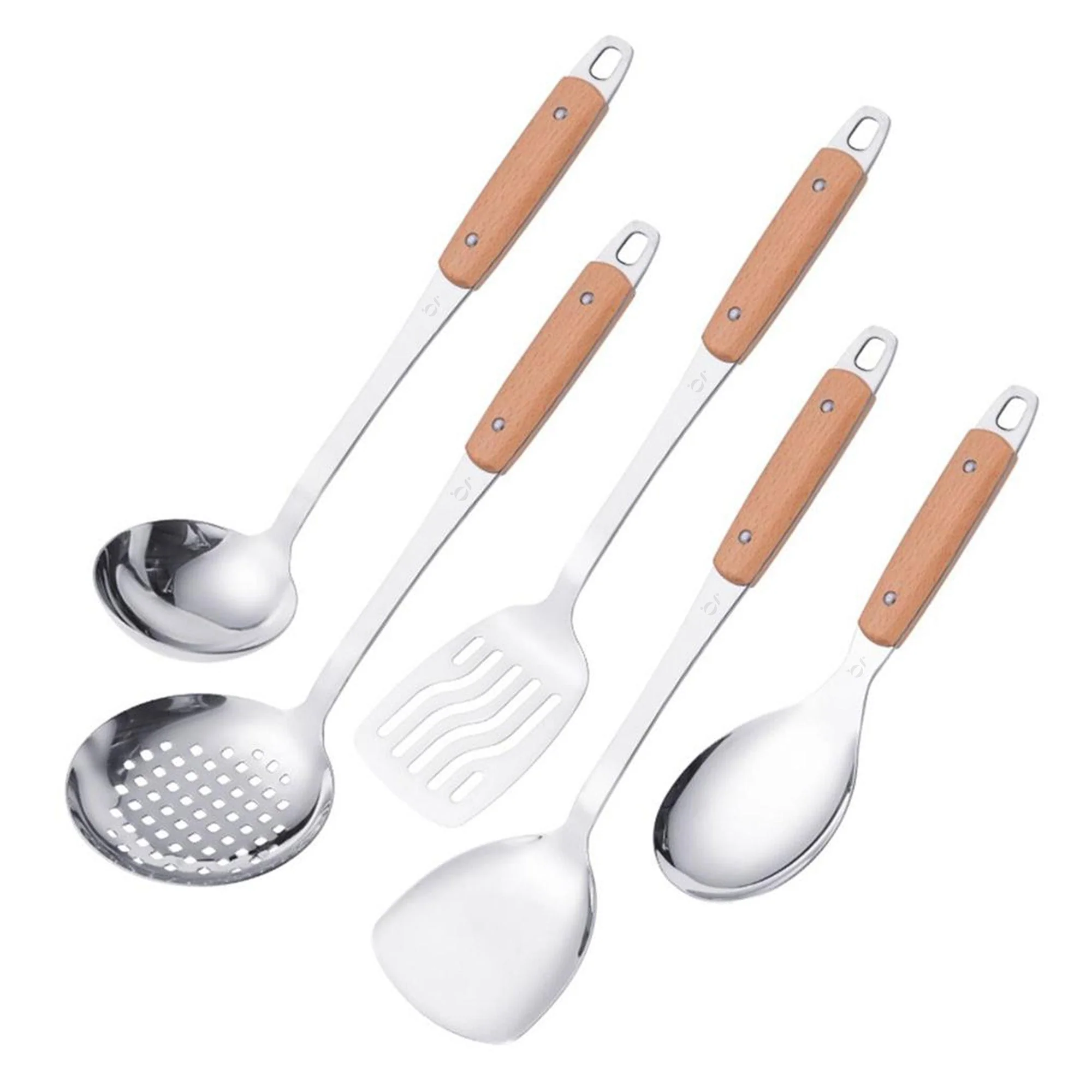 5-Piece Stainless Steel Kitchen Utensil Set With Wooden Handles - Kaedas