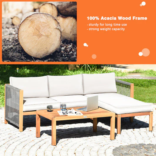 3 Pieces Patio Acacia Wood Sofa Furniture Set With Nylon Rope Armrest-White - Kaedas