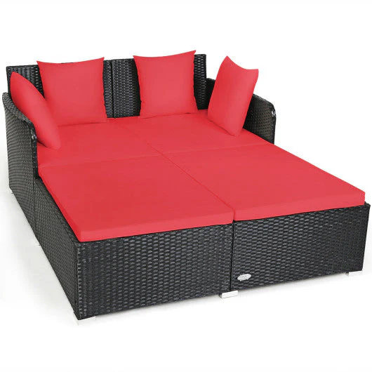 Spacious Outdoor Rattan Daybed With Upholstered Cushions and Pillows-Red - Kaedas