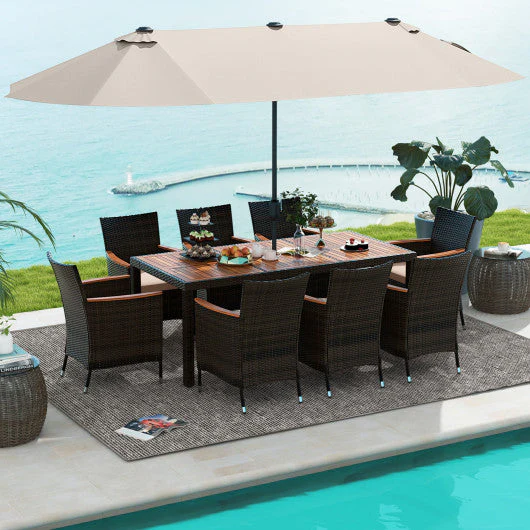 11 Pieces Patio Dining Set With 15 Feet Double-Sided Patio Umbrella and Base-Beige - Kaedas
