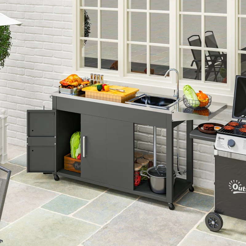 Outsunny Outdoor Grill Table with Stainless Steel Sink and Drainage - Kaedas