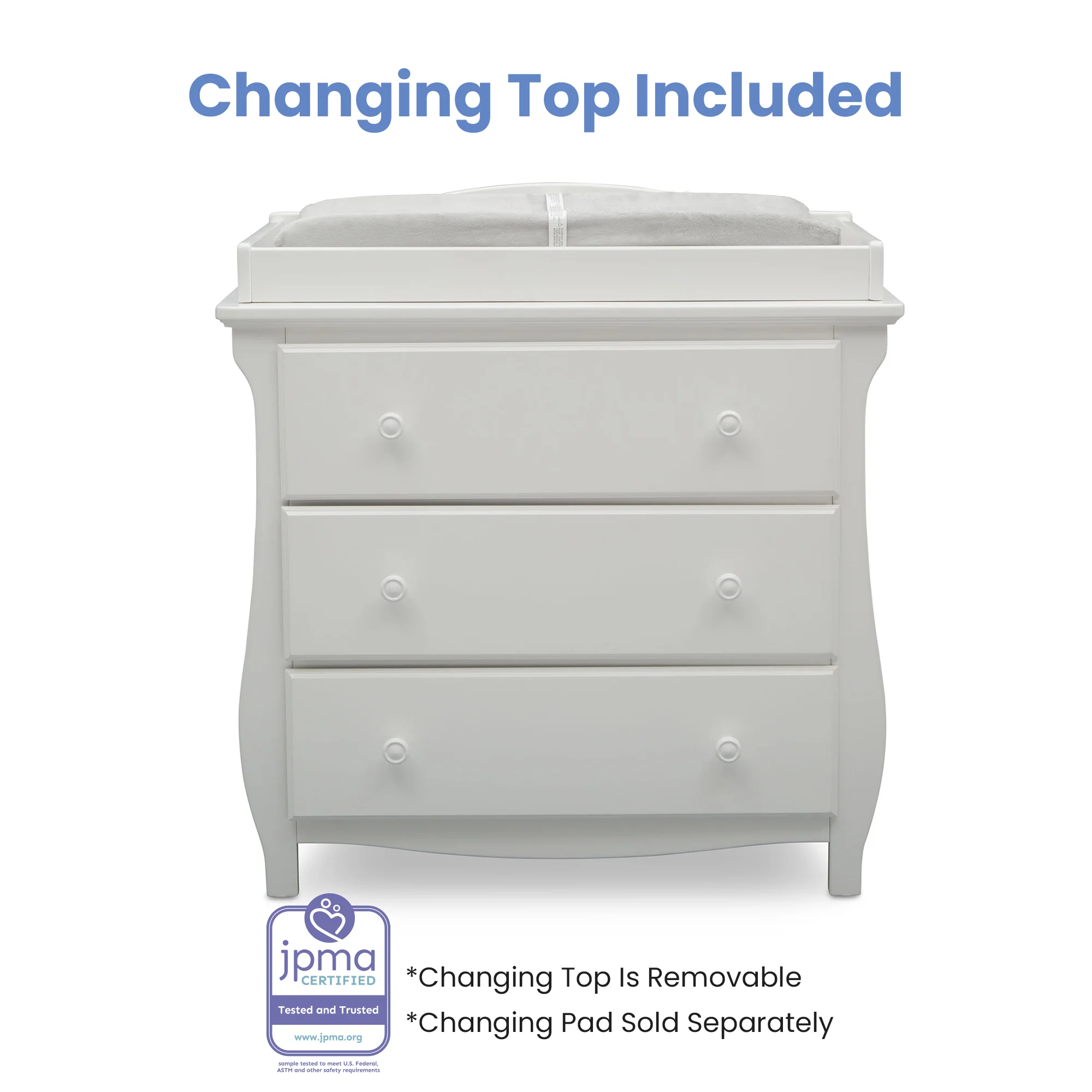 Lancaster 3 Drawer Dresser With Changing Top and Interlocking Drawers - Bianca White - Kaedas