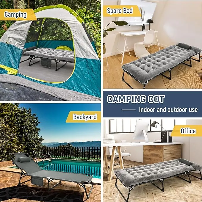 Folding Camping Cot with Cozy Mattress and Pillow - Adjustable - Kaedas