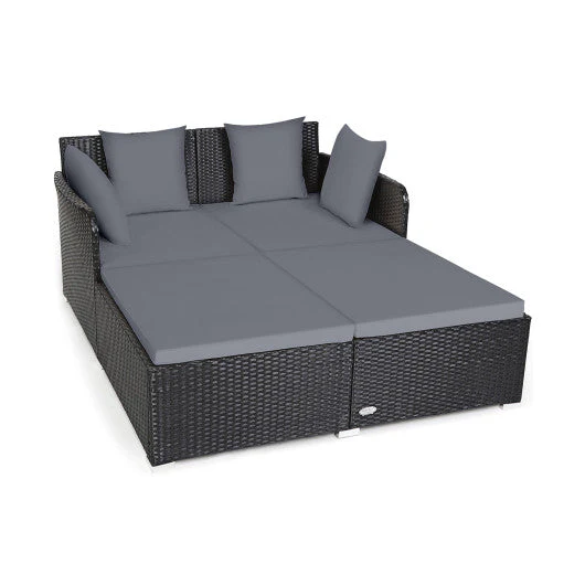 Spacious Outdoor Rattan Daybed With Upholstered Cushions and Pillows-Gray - Kaedas