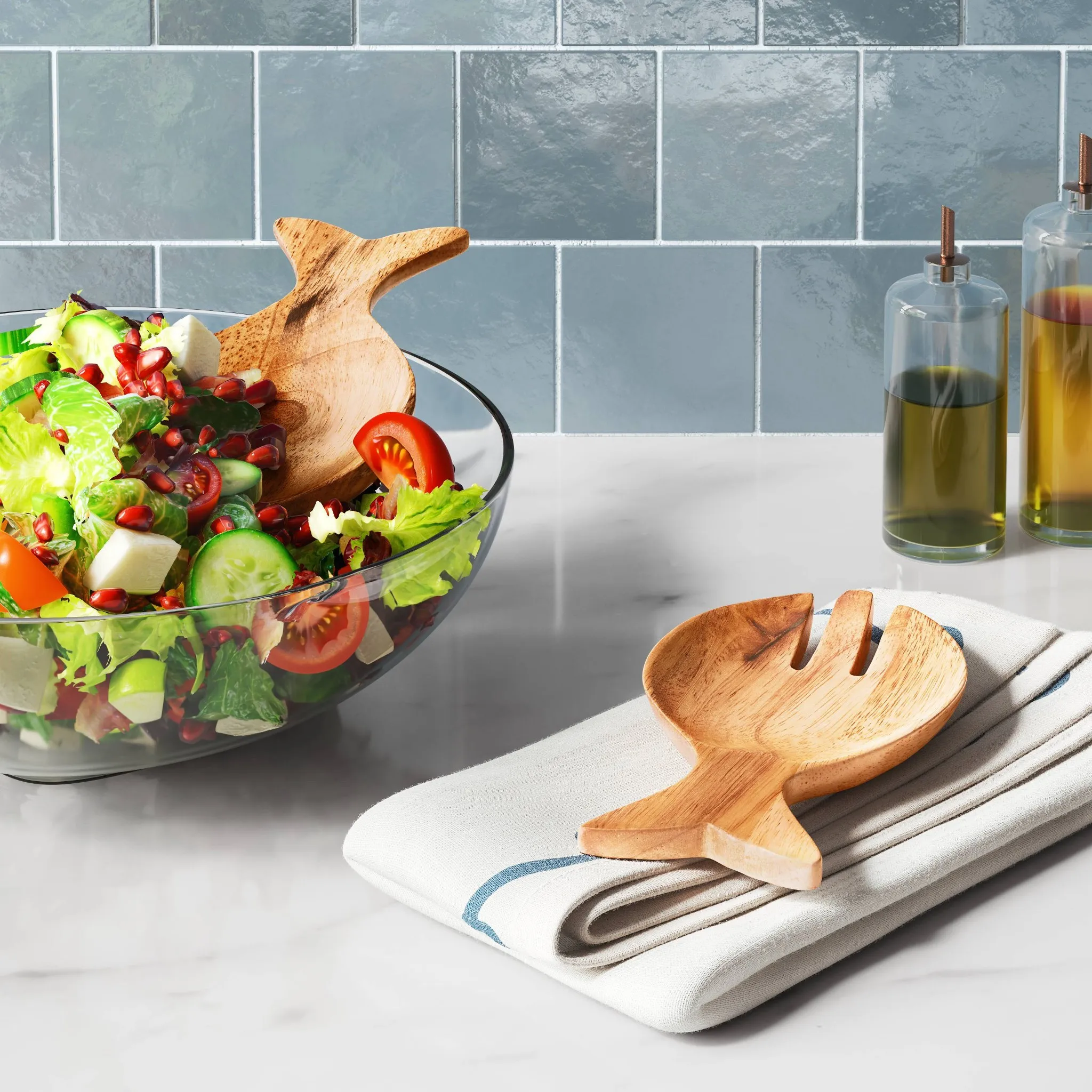 Coastal 2pc Wooden Fish Shape Salad Serving Set - Kaedas