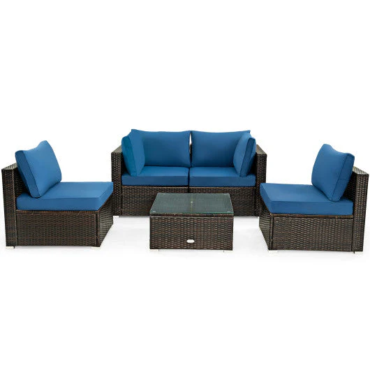 5 Pieces Cushioned Patio Rattan Furniture Set With Glass Table-Navy - Kaedas