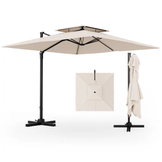 9.5 Feet Cantilever Patio Umbrella With 360¡ã Rotation and Double Top-Beige - Kaedas
