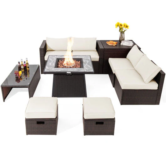 9 Pieces Patio PE Wicker Sectional Set With 50000 BTU Fire Pit Table-Off White - Kaedas