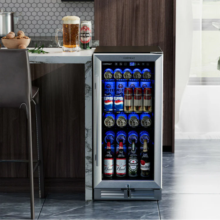 15 Inch 100 Can Built-in Freestanding Beverage Cooler Refrigerator With Adjustable Temperature and Shelf-Silver - Kaedas