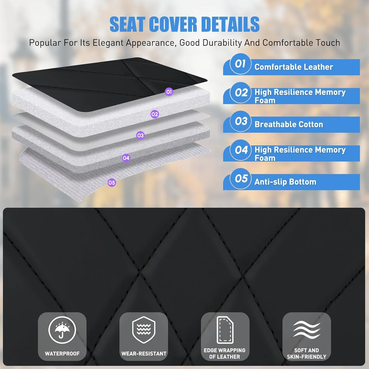Black Geometric Leather Car Seat Cushion Cover - Waterproof & Anti-Slip - Kaedas