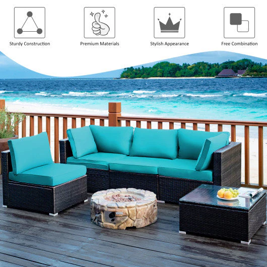 5 Pieces Cushioned Patio Rattan Furniture Set With Glass Table-Turquoise - Kaedas