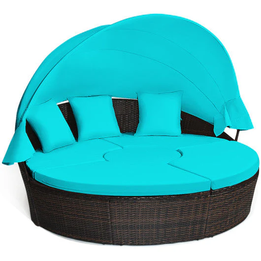 Patio Round Rattan Daybed With Retractable Canopy and Height Adjustable Coffee Table-Turquoise - Kaedas