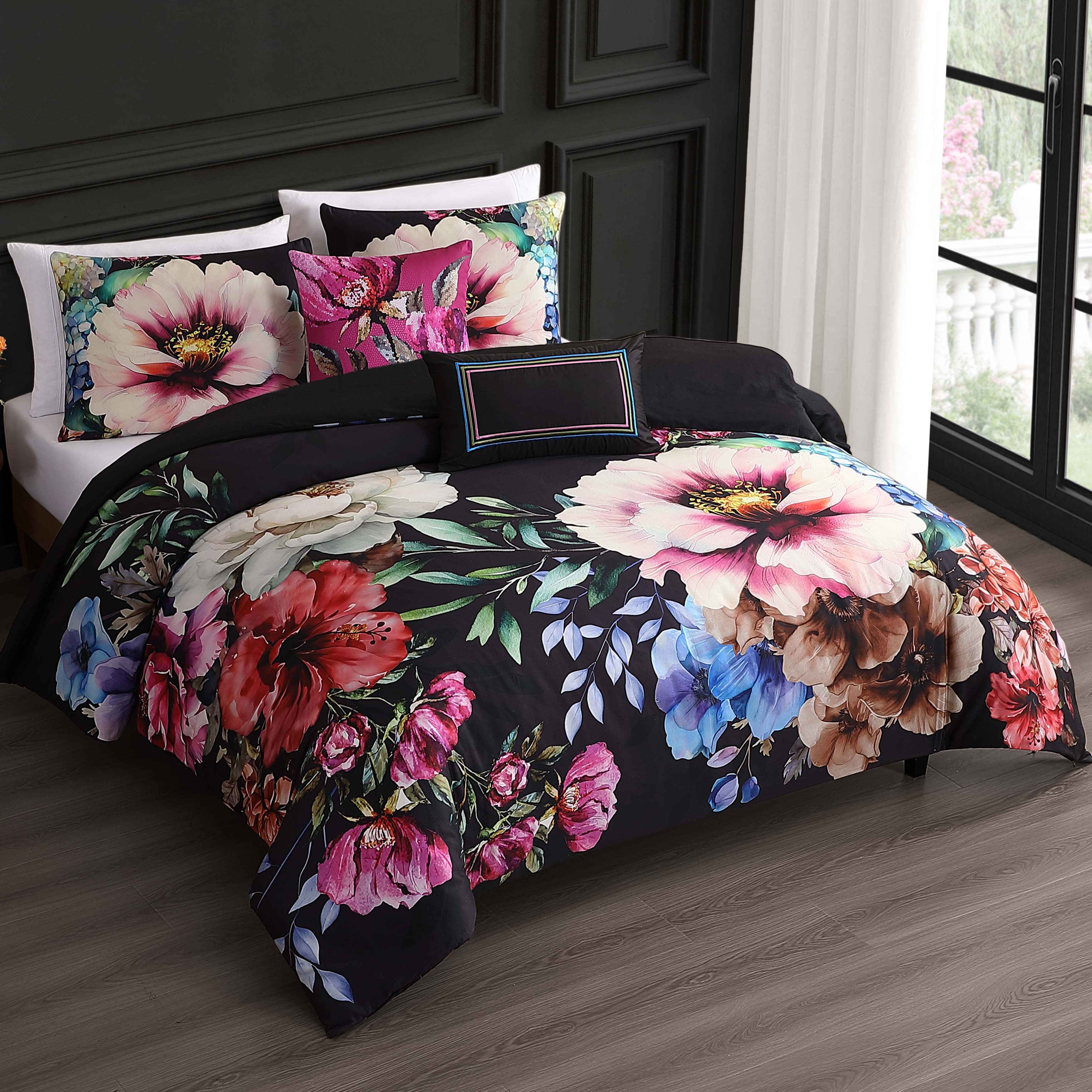 Bebejan Black Night Poppies 5 Piece Reversible Comforter Set - Kaedas