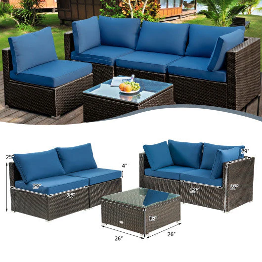 5 Pieces Cushioned Patio Rattan Furniture Set With Glass Table-Navy - Kaedas