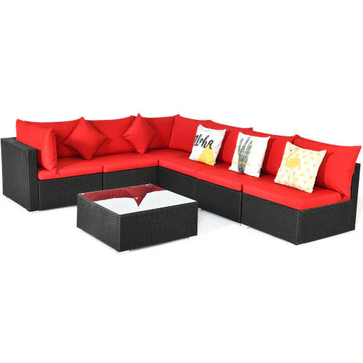 7 Pieces Sectional Wicker Furniture Sofa Set With Tempered Glass Top-Red - Kaedas