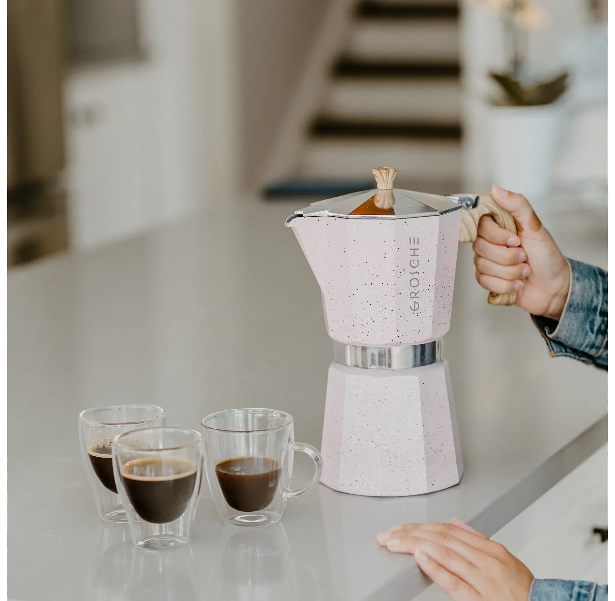 Milano Stone Stovetop Espresso Maker, 12 Cup, Blush Pink - Kaedas