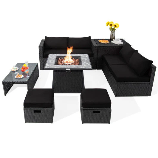 9 Pieces Outdoor Wicker Sectional With 35 Inch Gas Fire Pit Table-Black - Kaedas