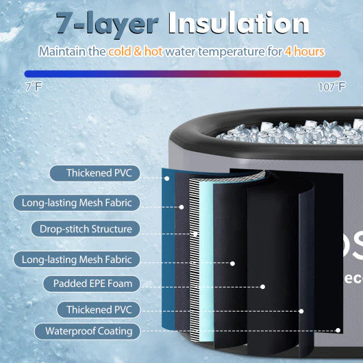 XL 129 Gal Oval Ice Bath Tub With Cover and Hand Pump for Athletes-Gray - Kaedas