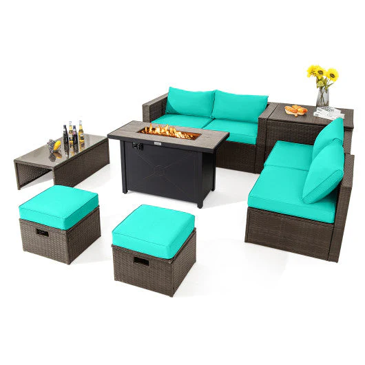 9 Pieces Outdoor Patio Furniture Set With 42 Inch Propane Fire Pit Table-Turquoise - Kaedas