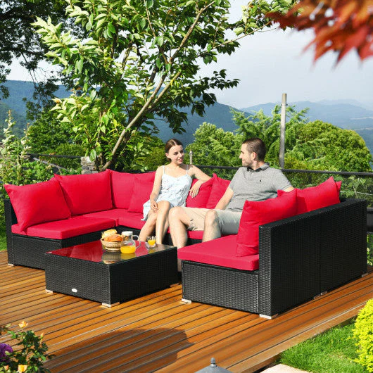 7 Pieces Sectional Wicker Furniture Sofa Set With Tempered Glass Top-Red - Kaedas