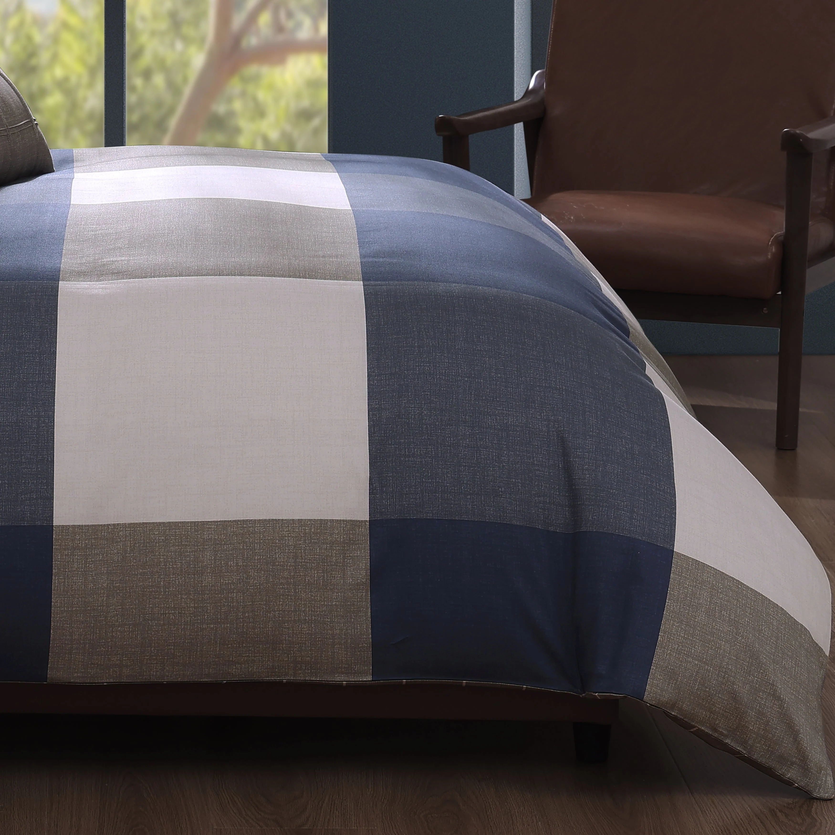 Bebejan Checkered Navy Tan 5 Piece Reversible Comforter Set - Kaedas