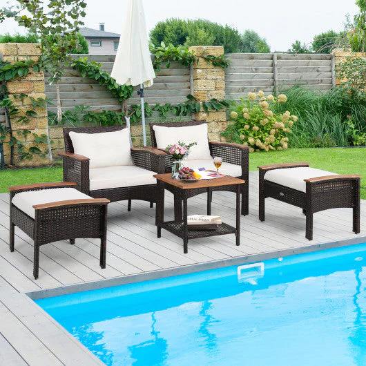 5 Pieces Patio Rattan Furniture Set With Acacia Wood Table - Kaedas