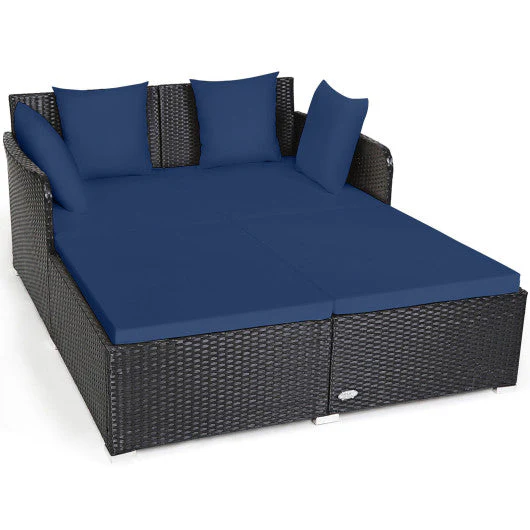 Spacious Outdoor Rattan Daybed With Upholstered Cushions and Pillows-Navy - Kaedas