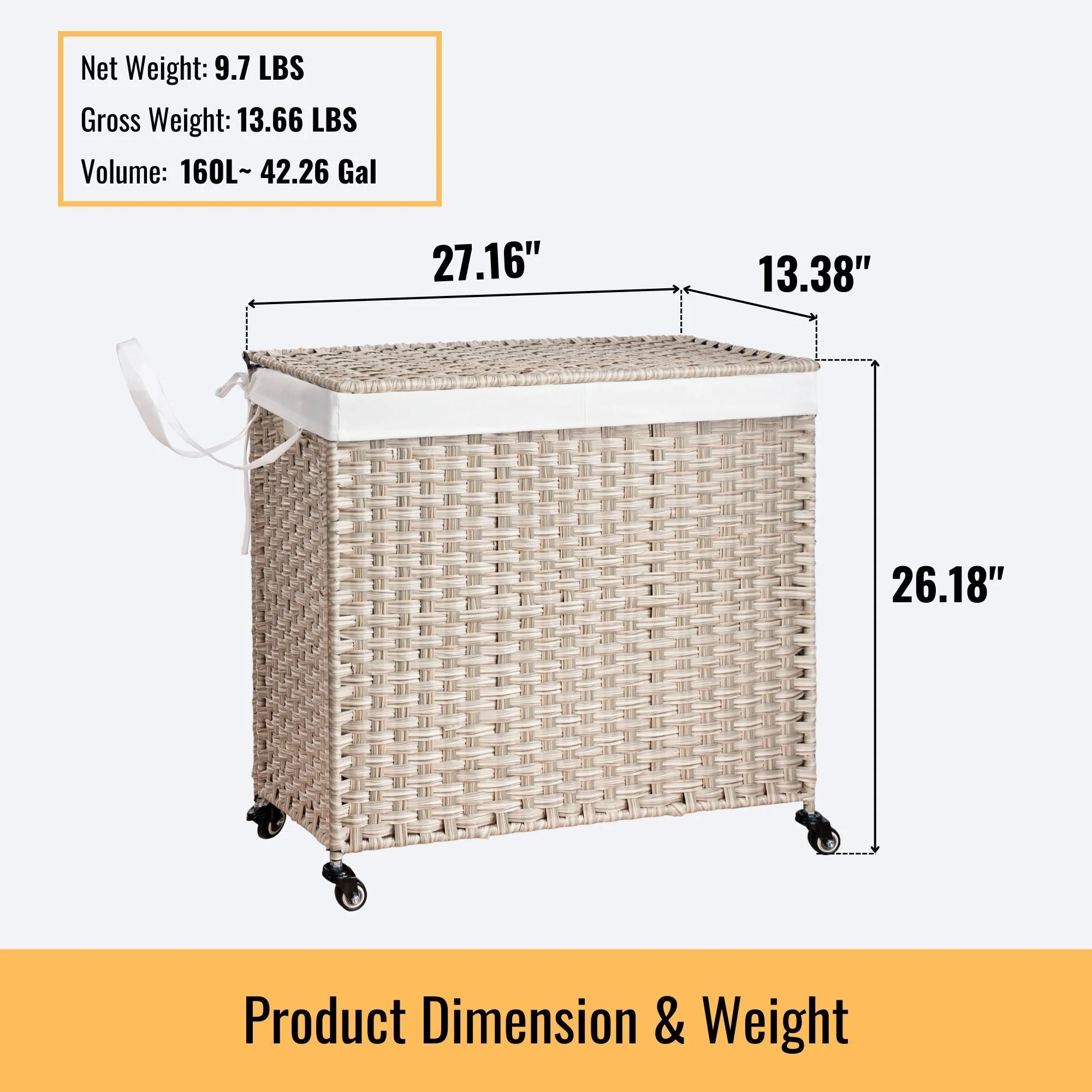 Laundry Hamper With Lid PE Rattan Powder Coating Frame Clothes Hampers With 2 Removable Bags - Kaedas