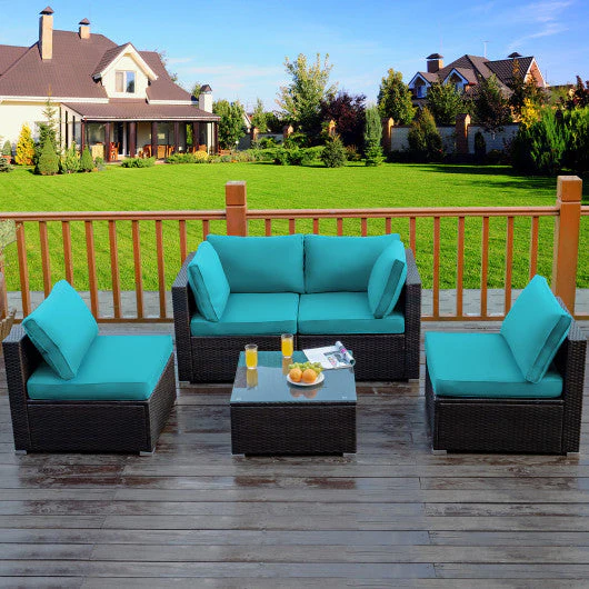 5 Pieces Cushioned Patio Rattan Furniture Set With Glass Table-Turquoise - Kaedas